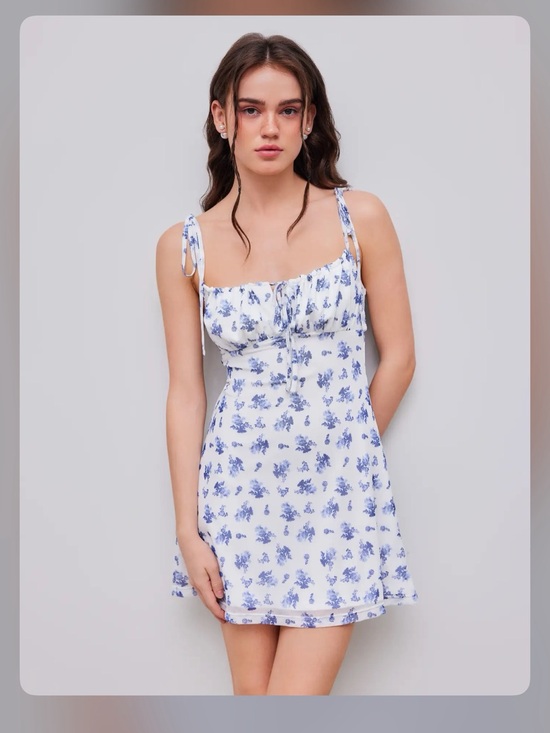 Cider Dresses & Skirts - MESH SCOOP NECKLINE FLORAL KNOTTED MINI DRESS XS